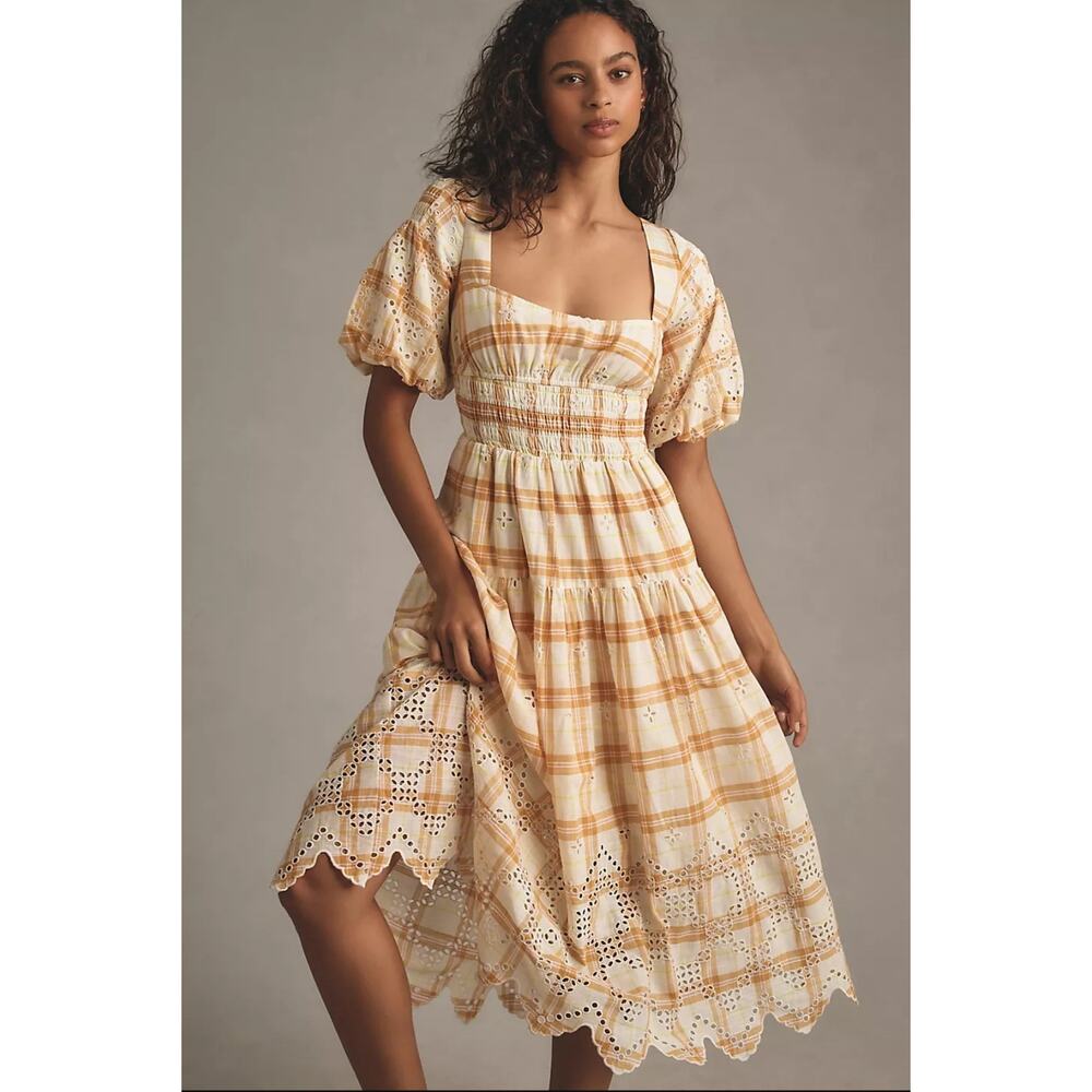 NWT By Anthropologie Puff-Sleeve Eyelet Midi Dress $188 MEDIUM PETITE Smocked